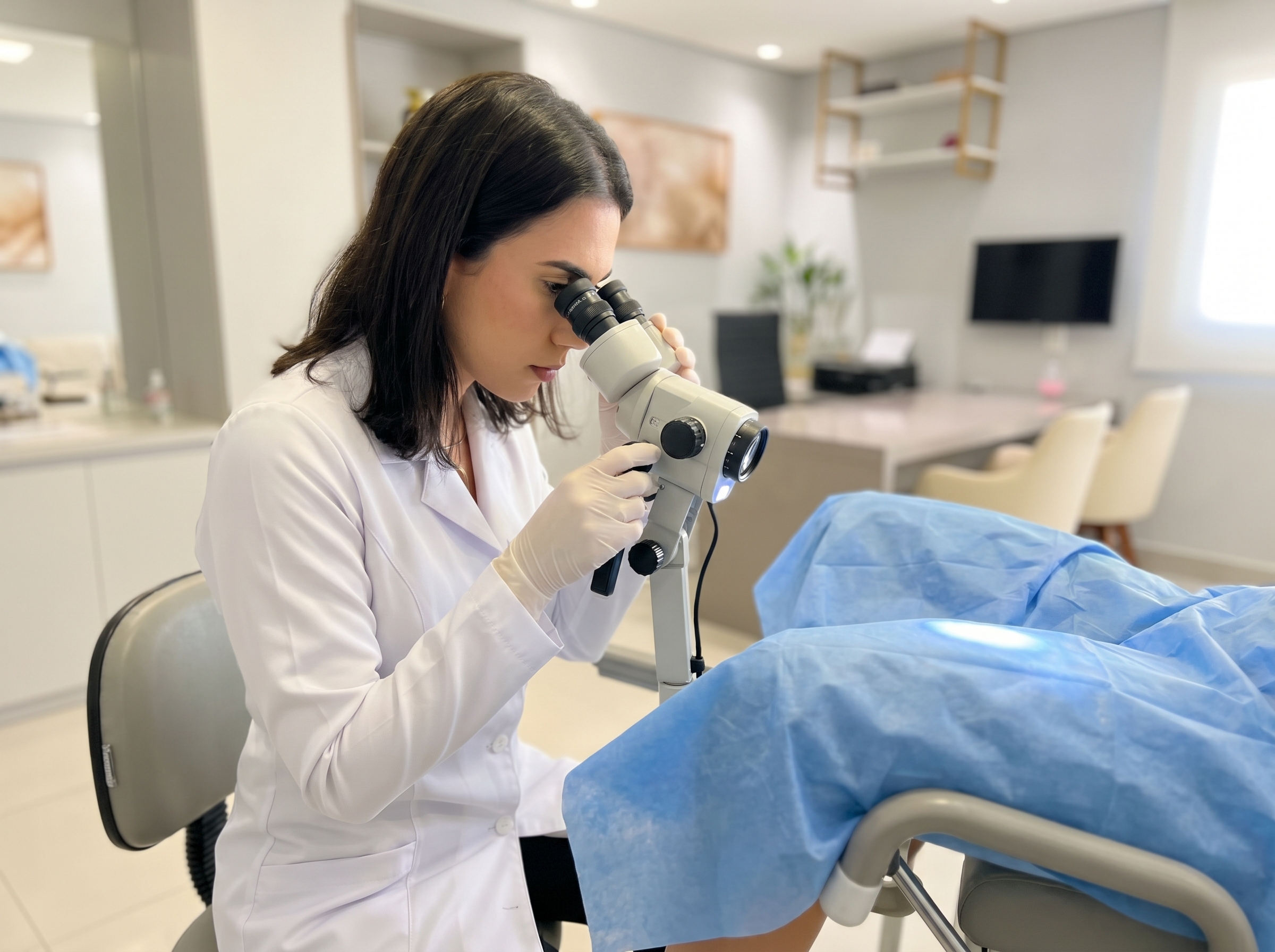 Ginecologista Dra. Layla realizando exame de colposcopia em paciente em João Pessoa para avaliar o colo do útero, a vagina e a vulva, um procedimento importante após um Papanicolau alterado.